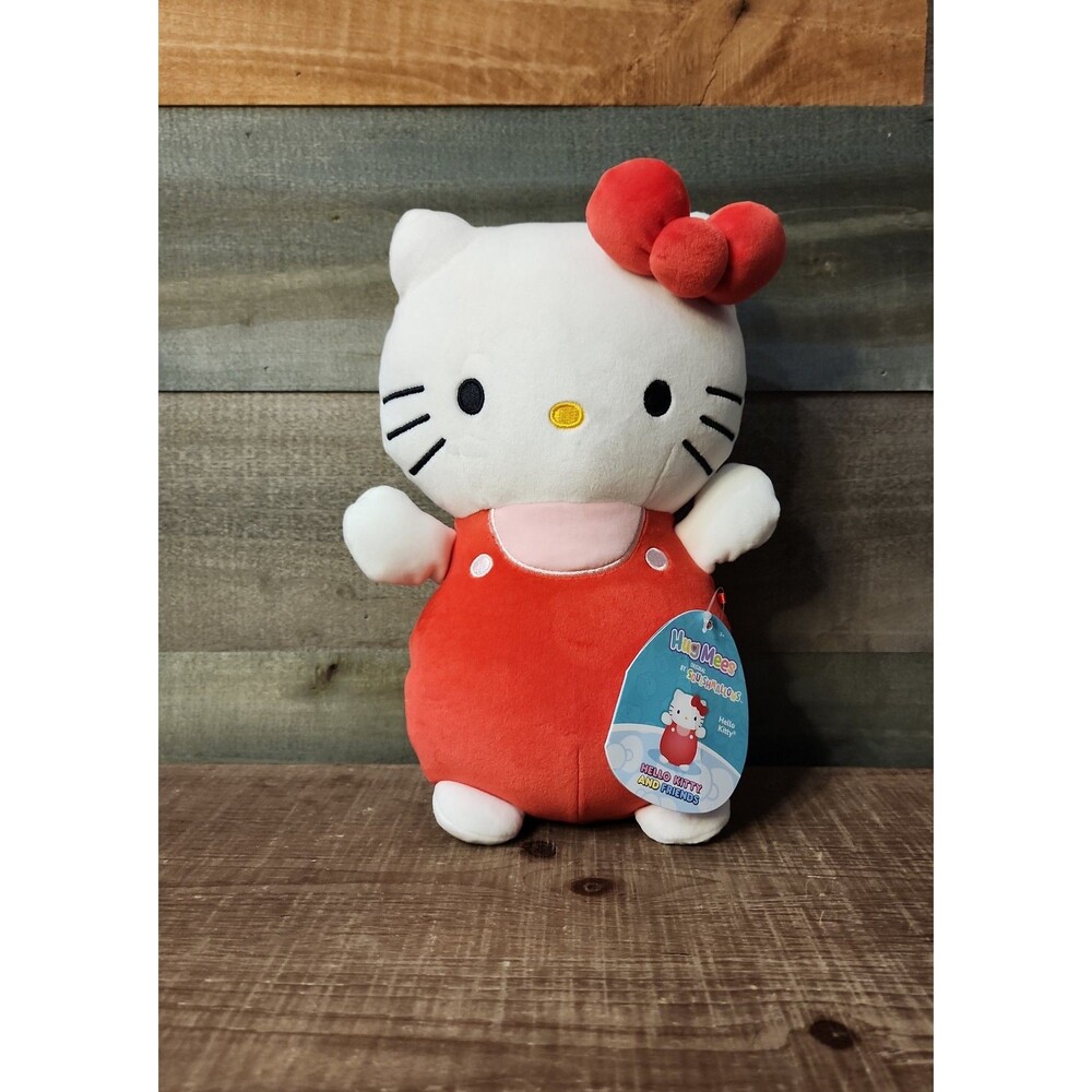 NWT Hello Kitty Squishmallows HugMees 10" Plush – Red & Pink Overalls